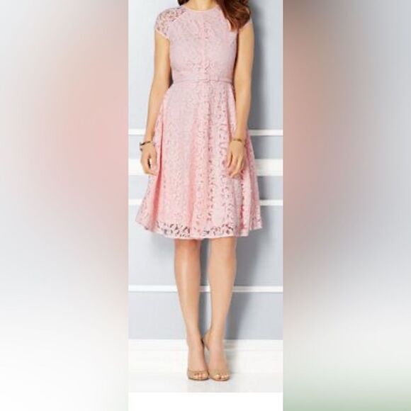 Eva Mendes New York Co Pink Lace A Line Flutter Short Sleeve Midi Dress Sz 4 - Picture 11 of 17